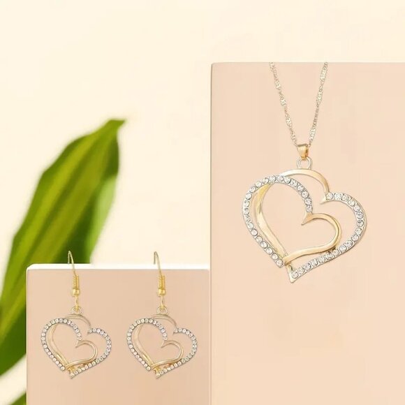 Gold Heart Pendant Necklace & Earrings Set With Rhinestone Accents - Picture 2 of 3
